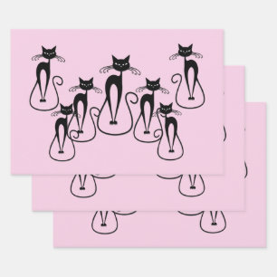 Whimsical Skinny Black Cat Roze Inpakpapier Vel