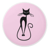 Whimsical Skinny Black Cat Roze Keramische Knop (Voorkant)
