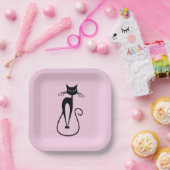 Whimsical Skinny Black Cat Roze Papieren Bordje (Feest)