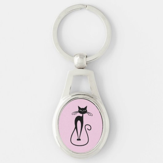 Whimsical Skinny Black Cat Roze Sleutelhanger (Voorkant)
