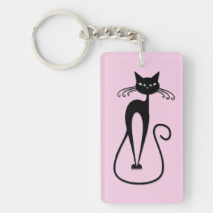 Whimsical Skinny Black Cat Roze Sleutelhanger