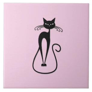 Whimsical Skinny Black Cat Roze Tegeltje