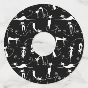 Whimsical Skinny wit kattenpatroon Wijnglaslabel