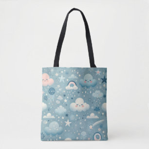 Whimsical Sky Pattern met wolken, sterren - Blauw Draagtas
