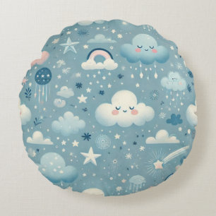 Whimsical Sky Pattern met wolken, sterren - Blauw Rond Kussen