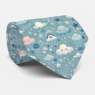 Whimsical Sky Pattern met wolken, sterren - Blauw Stropdas
