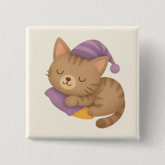 Whimsical sleepy kitty cat vierkante button 5,1 cm