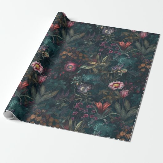 Whimsical Smaragd en Roze Bloemen Decoupage Cadeaupapier (Uitgerold)