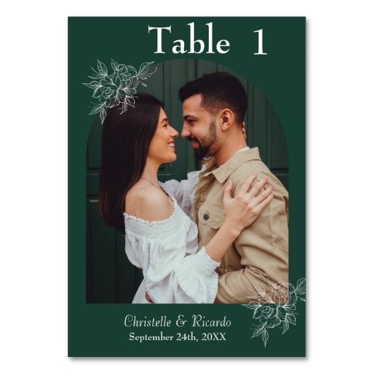 Whimsical smarald green bruiloft fotolijstnummer kaart (Voorkant)