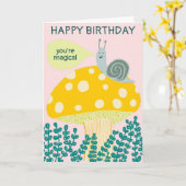 Whimsical Snail on Magical Mushroom CUSTOM Bday Kaart (Gele Bloem)