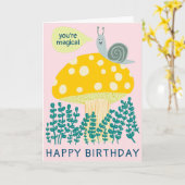 Whimsical Snail on Magical Mushroom CUSTOM Bday Kaart (Gele Bloem)