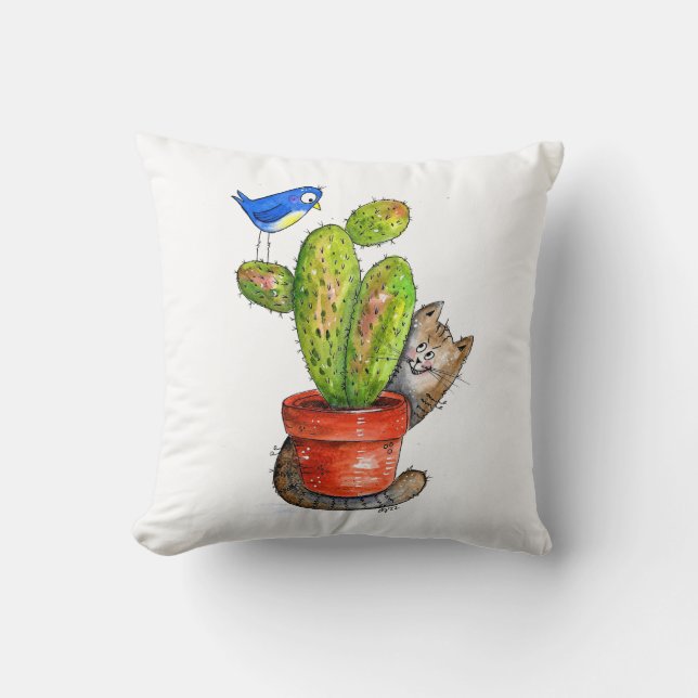 Whimsical Sneaky Cat met Cactus Kussen (Voorkant)