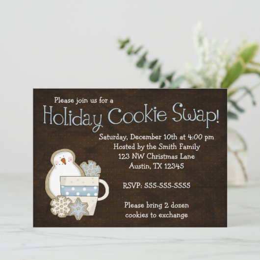 Whimsical Snowman Holiday Cookie Swap-uitnodiginge Kaart (Staand voorkant)