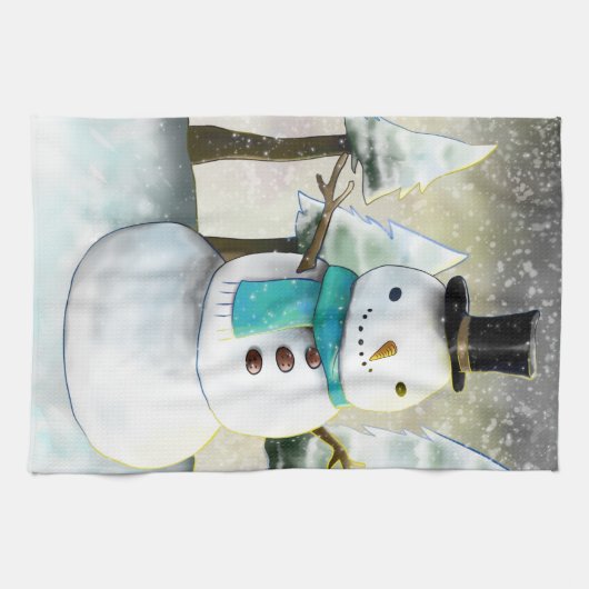 Whimsical Snowman in Winter Kerstmis Scene Theedoek (Horizontaal)
