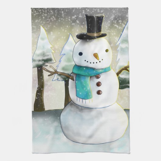 Whimsical Snowman in Winter Kerstmis Scene Theedoek (Verticaal)