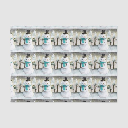 Whimsical Snowman in Winter Kerstmis Scene Tissuepapier (Voorkant)
