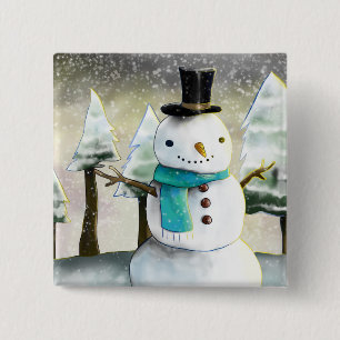Whimsical Snowman in Winter Kerstmis Scene Vierkante Button 5,1 Cm