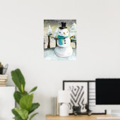 Whimsical Snowman in Winter Kersttekening Poster (Thuiskantoor)
