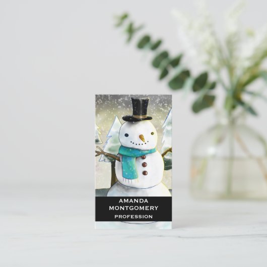 Whimsical Snowman in Winter Kersttekening Visitekaartje (Staand voorkant)