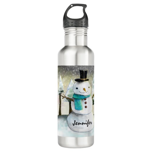 Whimsical Snowman in Winter Kersttekening Waterfles (Voorkant)