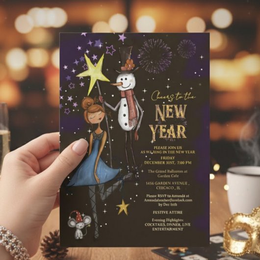Whimsical Snowman & Starry Night New Year's Eve Kaart