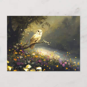 Whimsical Snowy White Owl Wildflowers Art Briefkaart