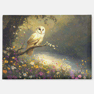 Whimsical Snowy White Owl Wildflowers Art Magneet