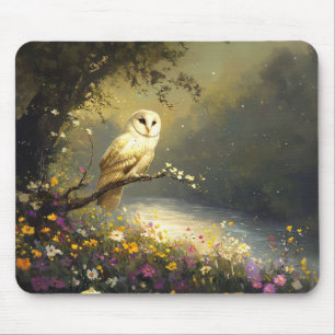 Whimsical Snowy White Owl Wildflowers Art Muismat
