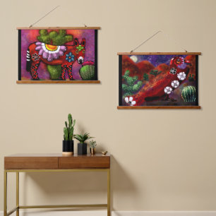 Whimsical Southwest Donkey & Bird Red Green Hangend Wandkleed