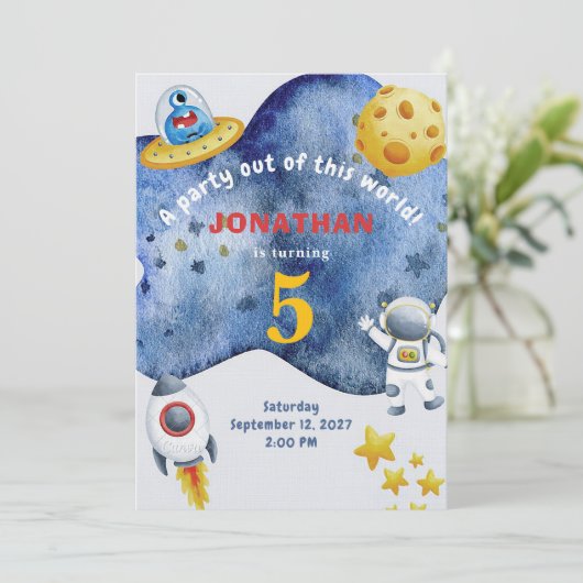 Whimsical Space Personalized Birthday Invitation (Debout devant)