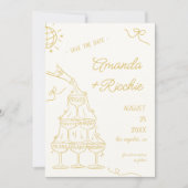 Whimsical Speelse Champagnetoren Doodle Bruiloft Save The Date (Voorkant)