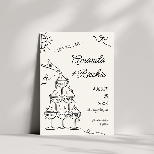 Whimsical Speelse Champagnetoren Doodle Bruiloft Save The Date