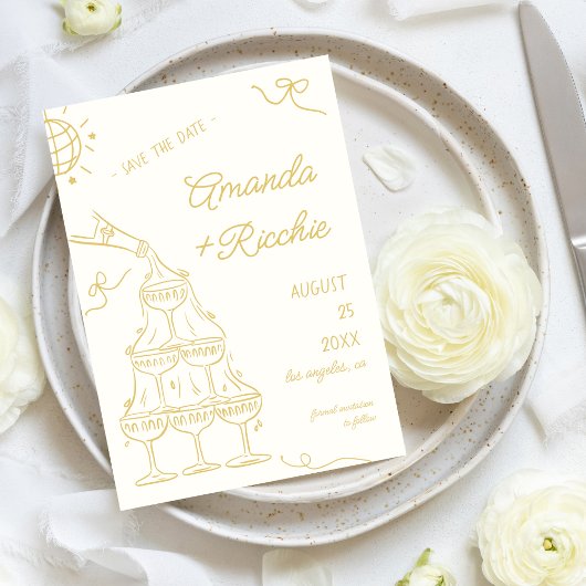 Whimsical Speelse Champagnetoren Doodle Bruiloft Save The Date