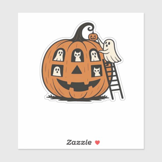 Whimsical Spooky Pumpkin met geesten, katten en ha Sticker (Vel)