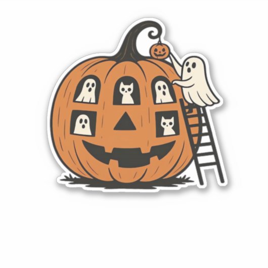 Whimsical Spooky Pumpkin met geesten, katten en ha Sticker (Voorkant)