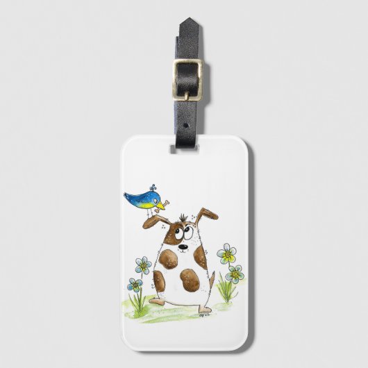 Whimsical Spotted Dog met Bird Bagagelabel (Voorkant (verticaal))