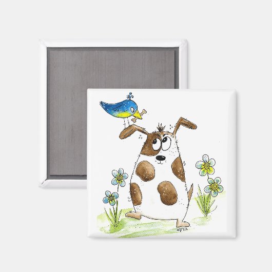 Whimsical Spotted Dog met Bird Magneet (Voorkant / Achterkant)