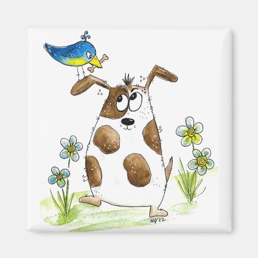 Whimsical Spotted Dog met Bird Magneet (Voorkant)