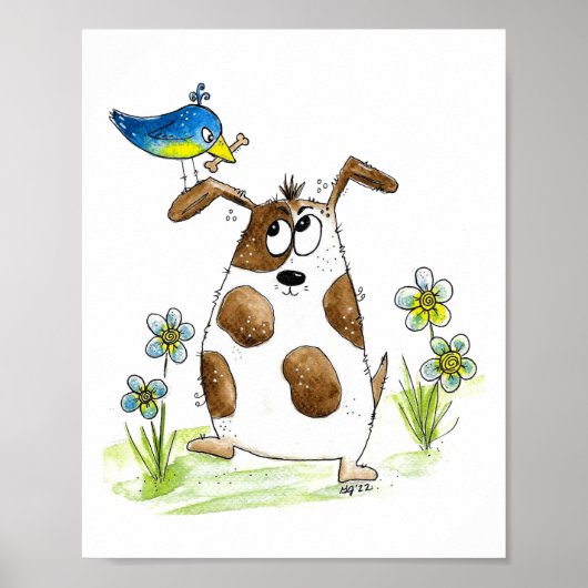 Whimsical Spotted Dog met Bird Poster (Voorkant)