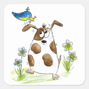 Whimsical Spotted Dog met Bird Vierkante Sticker