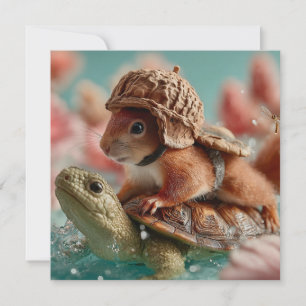 Whimsical Squirrel Riding a Turtle Feestdagenkaart