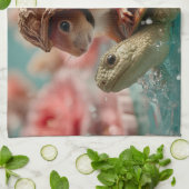 Whimsical Squirrel Riding a Turtle Theedoek (Gevouwen)