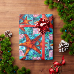 Whimsical Starfish Seashells Beach Blauwgroen Roze Cadeaupapier