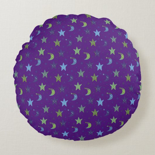 Whimsical Stars and Moons on Paars Rond Kussen (Voorkant)