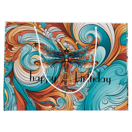 Whimsical Steampunk Dragonfly in Blauw en Sinaasap Groot Cadeauzakje (Achterkant)