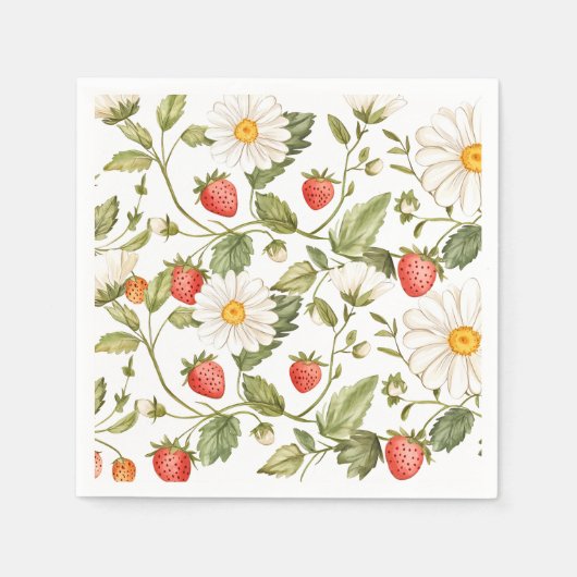 Whimsical Strawberry Daisy Floral Print Napkins Servet (Voorkant)