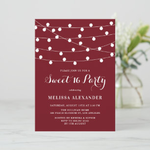 Whimsical String Lights Bourgondië Sweet 16 Party Kaart