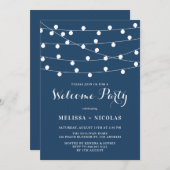 Whimsical String Lights Navy Blue Welcome Party Kaart (Voorkant / Achterkant)