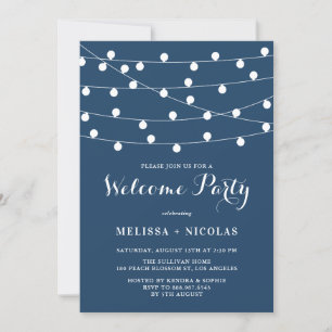 Whimsical String Lights Navy Blue Welcome Party Kaart