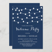 Whimsical String Lights Navy Blue Welcome Party Kaart (Voorkant / Achterkant)